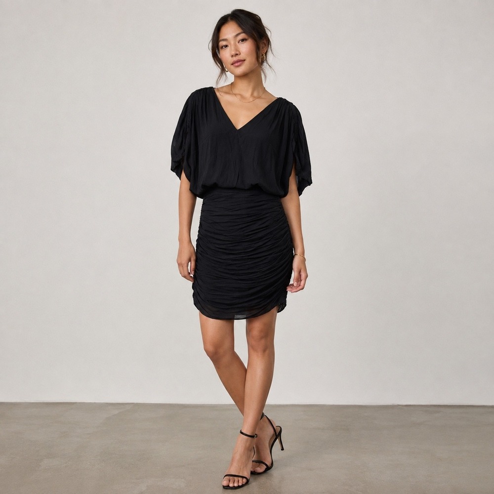 Ramy Brook Ruched Mini Dress Draped Sleeve Goth Glam Bodycon Party Cocktail Sz 0